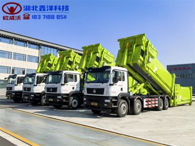 重汽汕德卡前四后八勾臂車(chē)&25方移動(dòng)聯(lián)體壓縮箱批量出貨